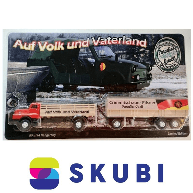Reklamní kamion s vlekem - IFA H3A - Crimmitschauer Pilsner Paradies Quell - Auf Volk und Vaterland - Rennappe - model 1:87 H0